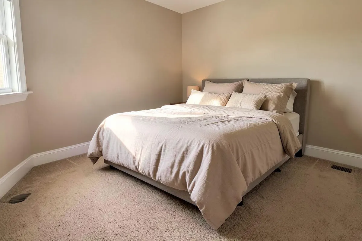 Quarto com carpete claro e acabamento no rodapé